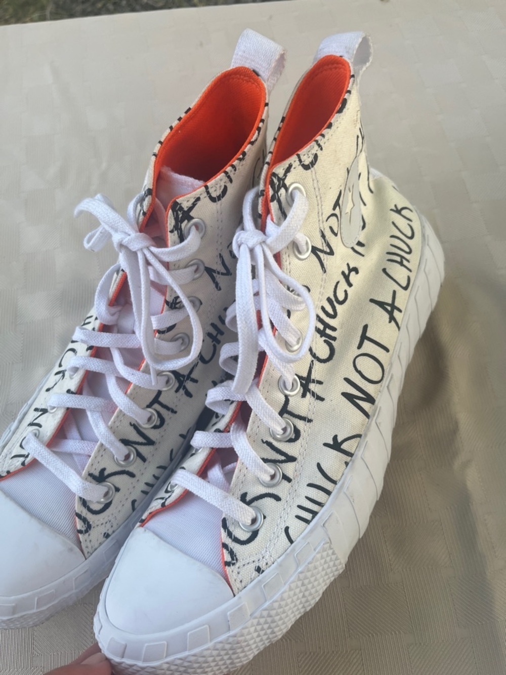 Converse  White High-Top Sneakers with Black Script and Orange Lining size 10.5